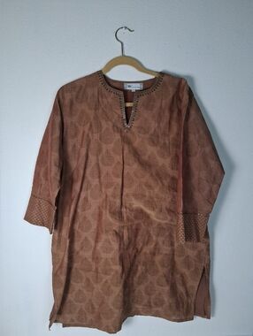Westside Boho Embroidered Rust Brown Tunic Top Kurta Lagenlook Size XL